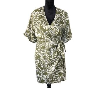 Garnet Hill Dress Olive Green Palm Print 100% Linen Wrap Breathable Dress 10